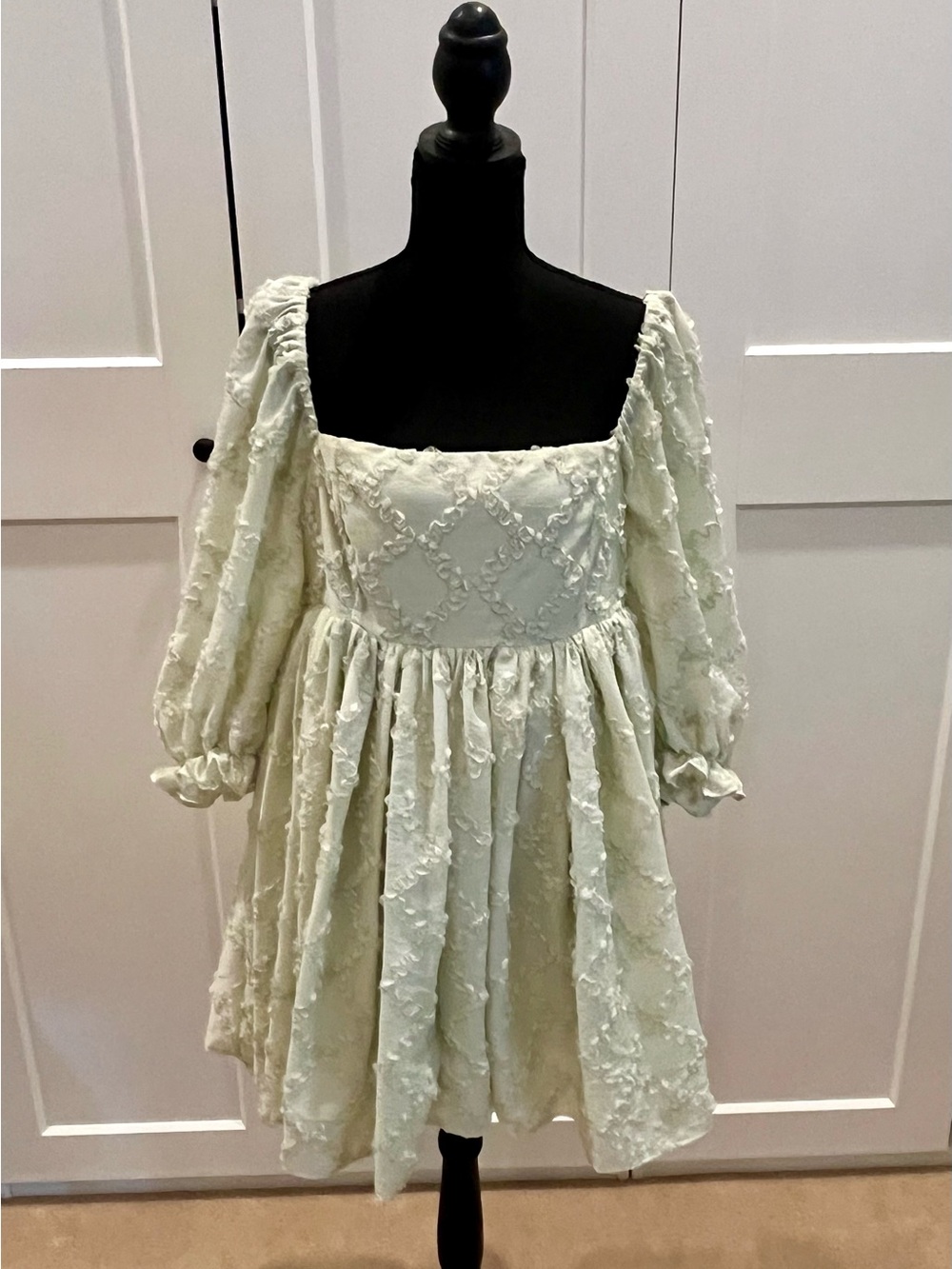 Mabel Light Green Baby Doll Dress with Ribbon Trim Cottagecore Feminine Fairy L